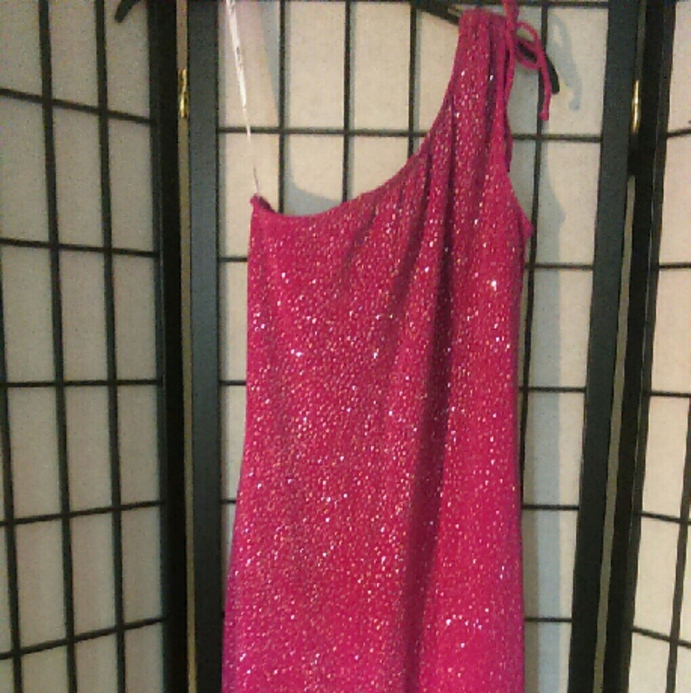 Sparkly hot pink one shoulder dress